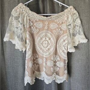 Jens Pirate Booty Womens Blouse Ivory Short Sleeve Lined Embroidered Lace Boho S